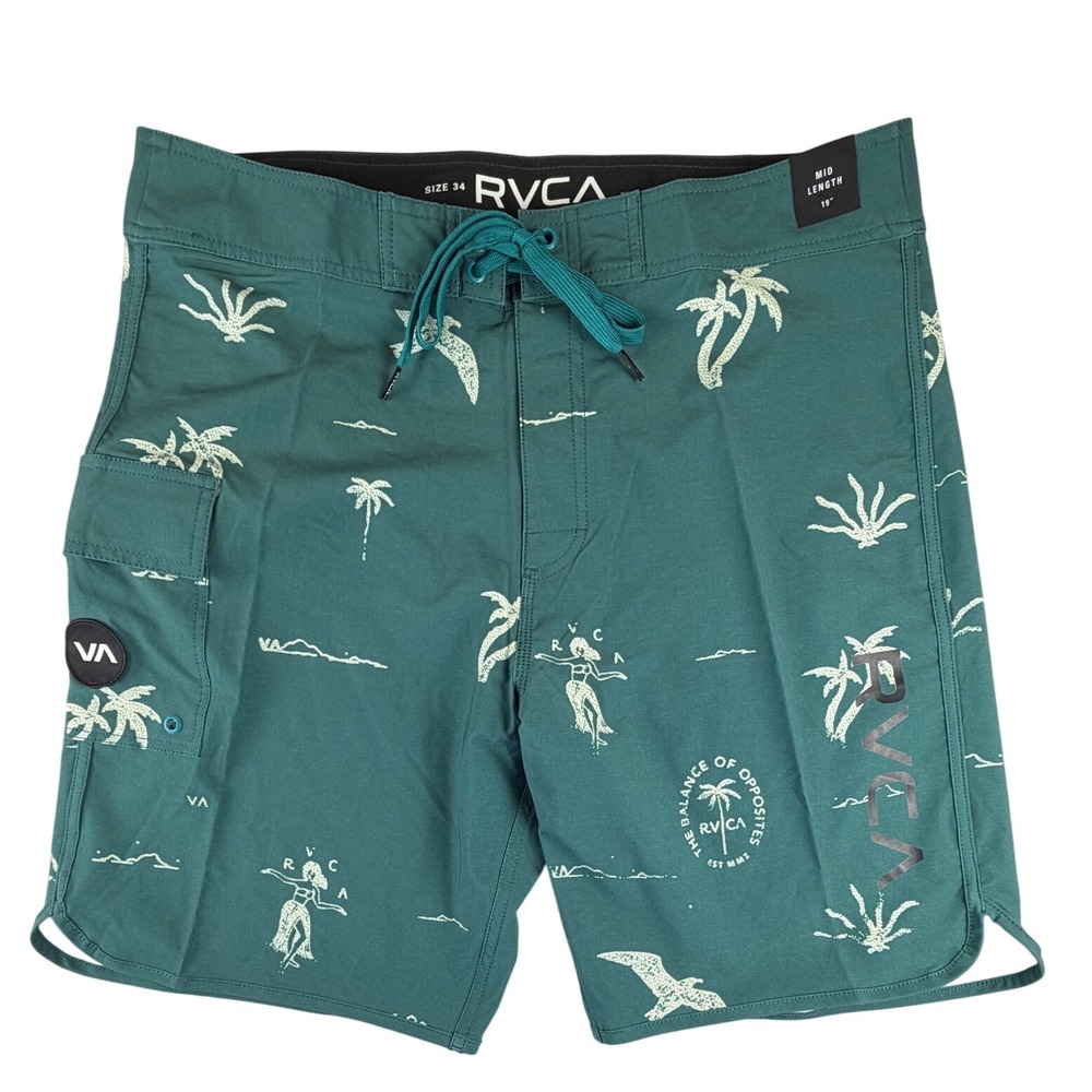 RVCA Mens 34 Board Shorts Teal Green Tropical Hula Girl Palm Tree Swim Trunks